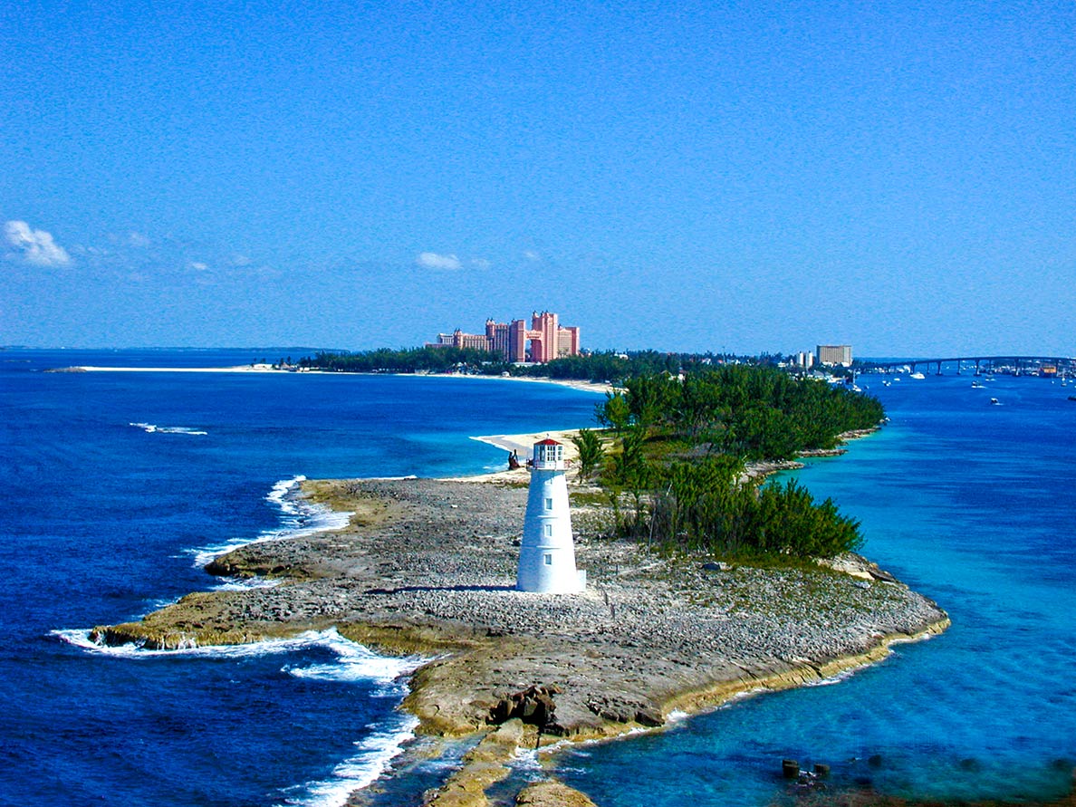 Nassau Harbour Lighthouse with Atlantis Paradise Island resort, Bahamas