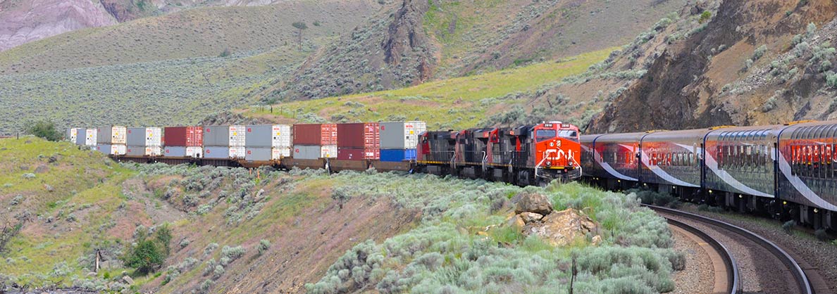 Canadian National Railway pass a Rocky Mountaineer tourist train
