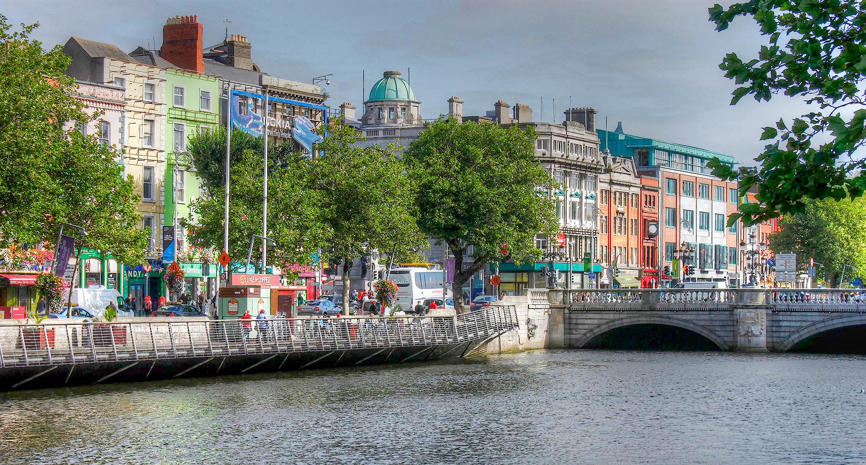 Bachelors Walk with O'Connell Bridge over River Liffey in Dublin, Ireland
