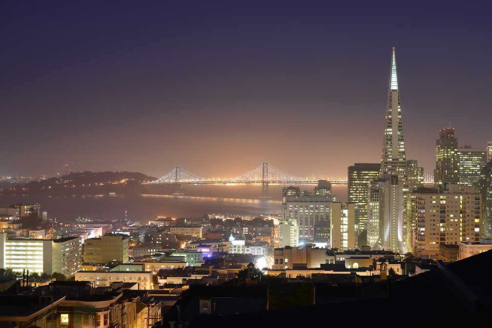 San Francisco-Oakland Bay Bridge and the Transamerica Pyramid in San Francisco, USA