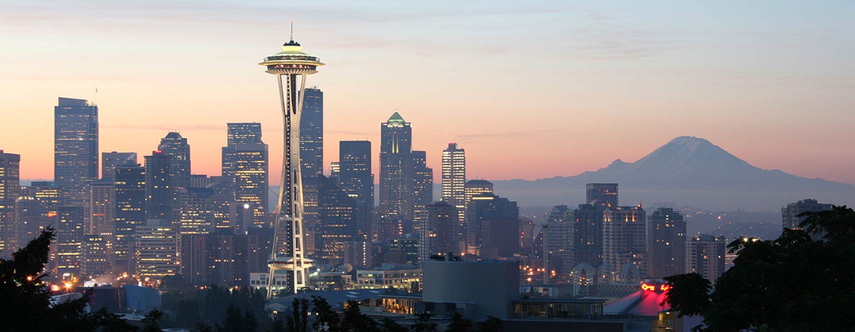 Seattle Central Business District with Space Needle and Mount Rainier