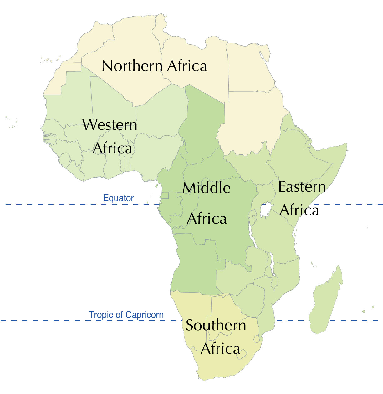 Map of the five major regions of Africa.