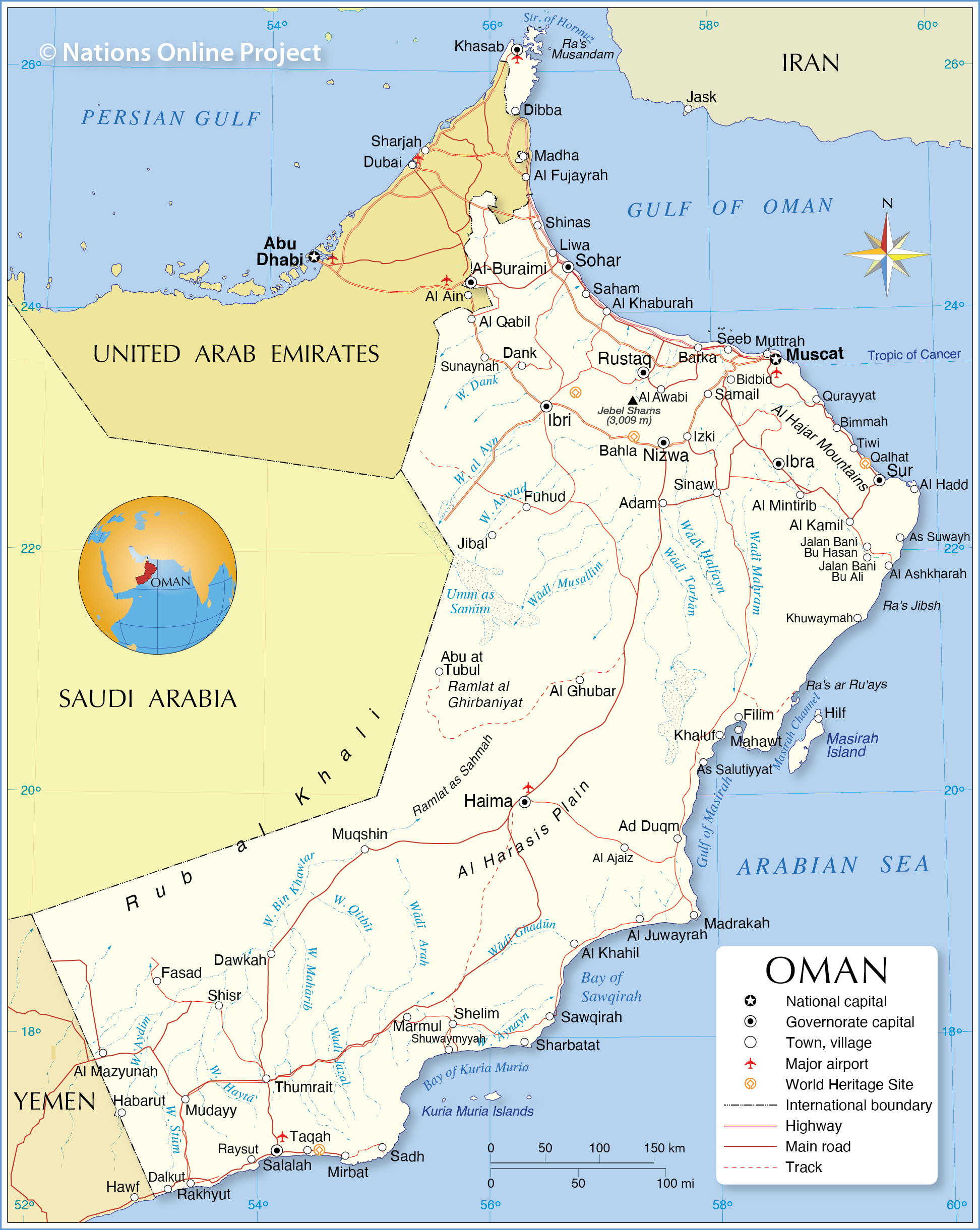 Political Map of Oman showing cities, roads, and World Heritage Sites