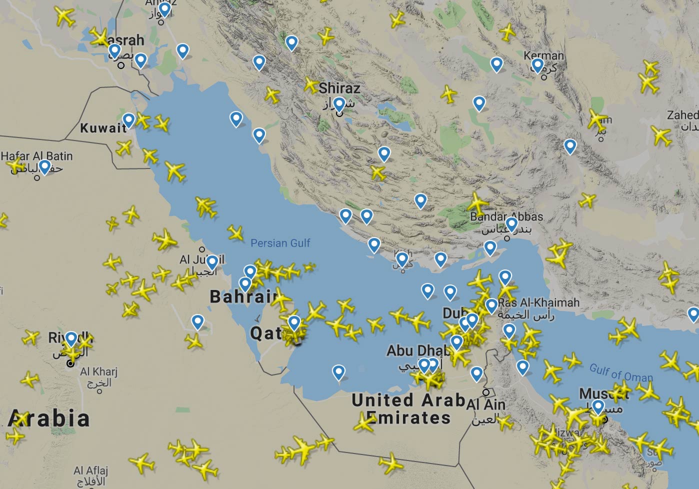 Flight Radar Map Persian Gulf 