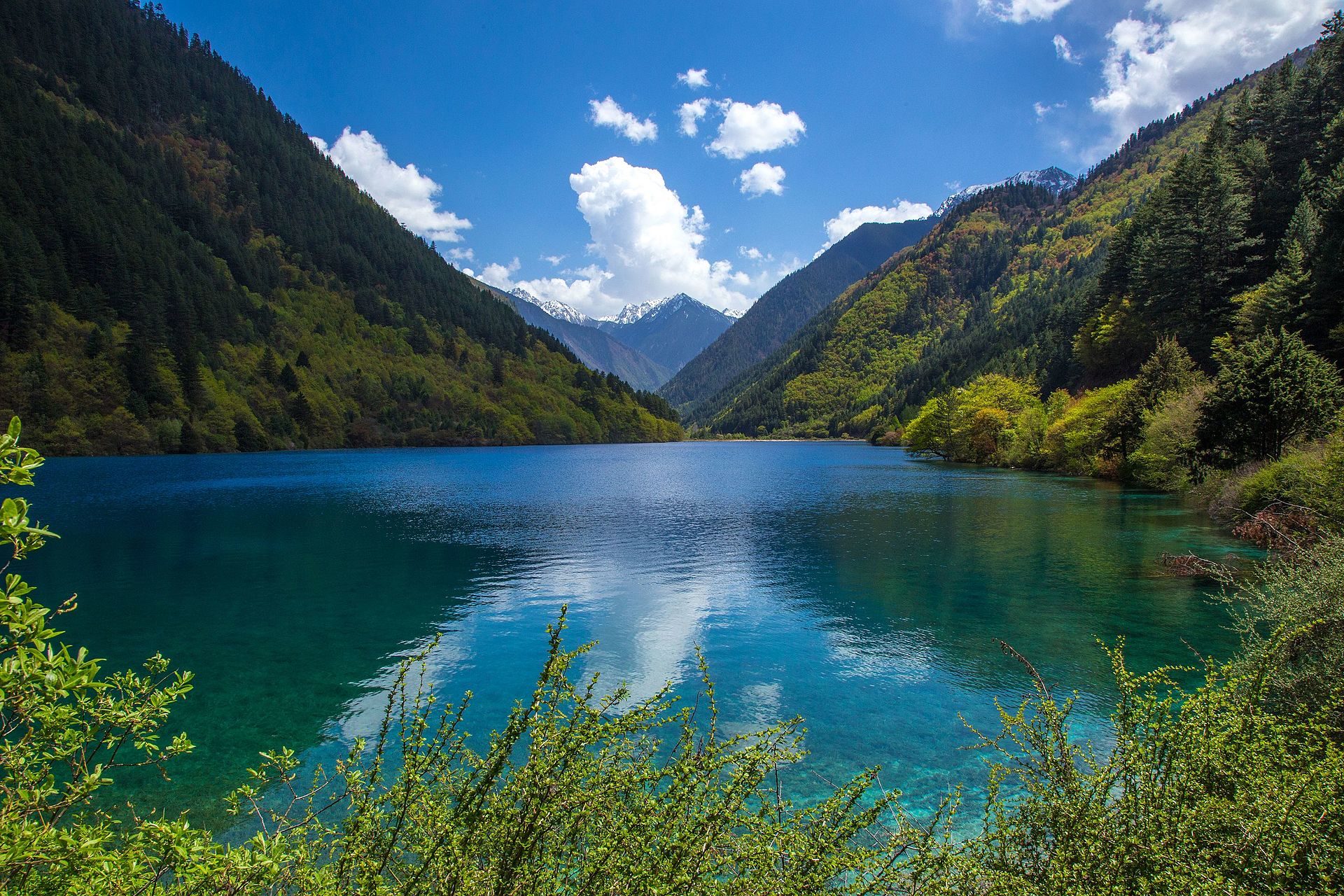 A vibrant blue alpine lake surrounded by lush green mountains under a sunny sky.