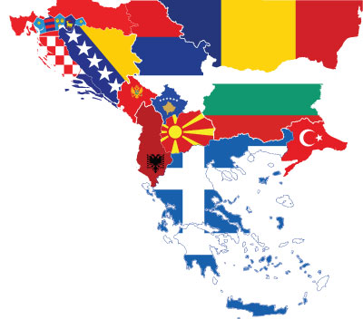 The Balkan Peninsula with country flags