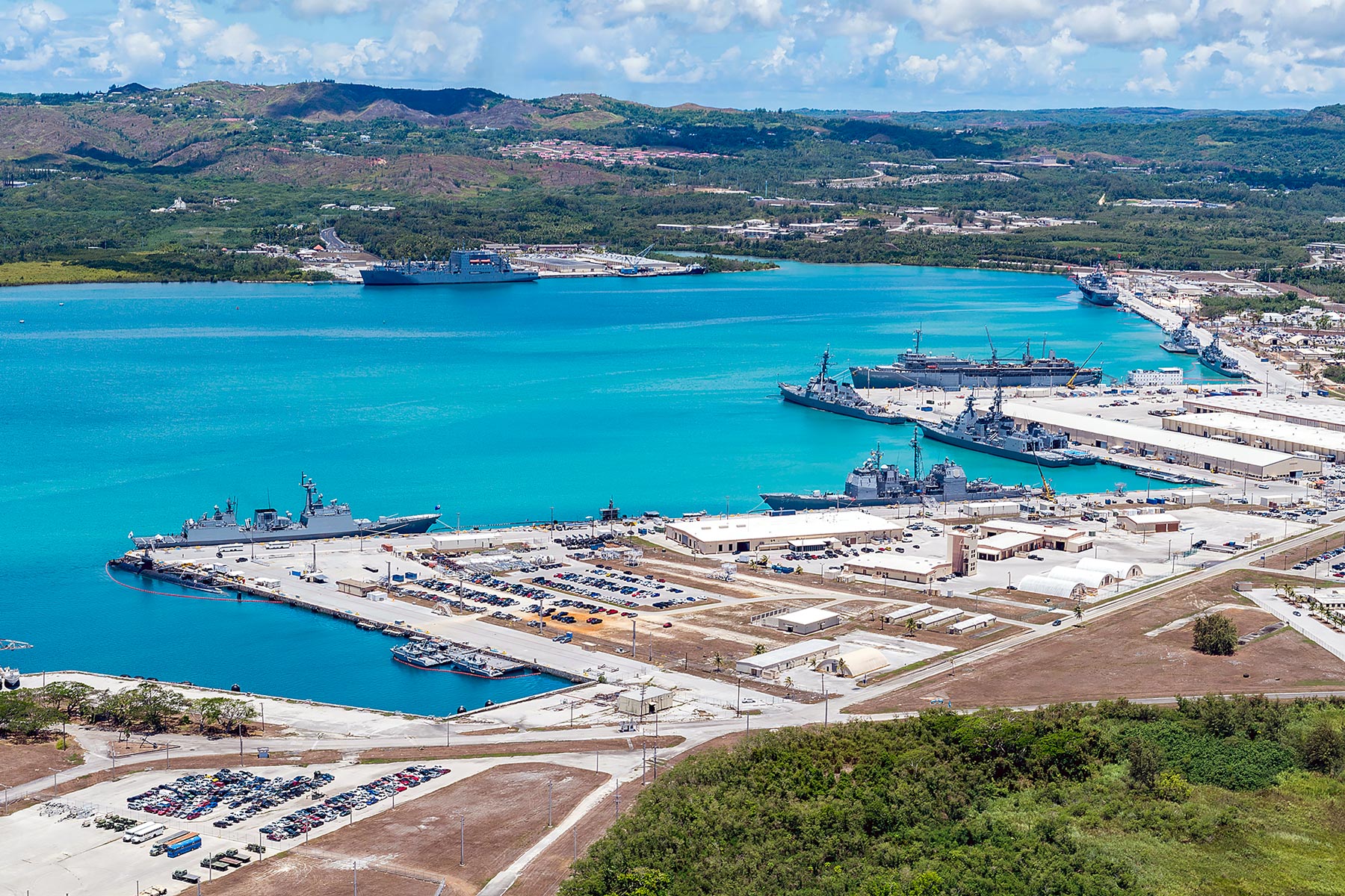 U.S. Naval Base Guam, vessels moored in Apra Harbor.