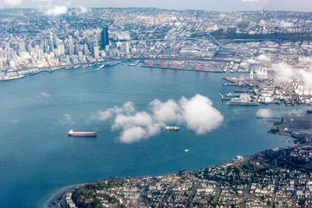 Aerial view of Elliott Bay with Seattle in the background