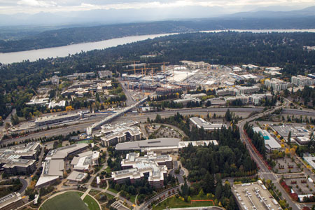 Aerial view of Microsoft headquarters in Redwood.