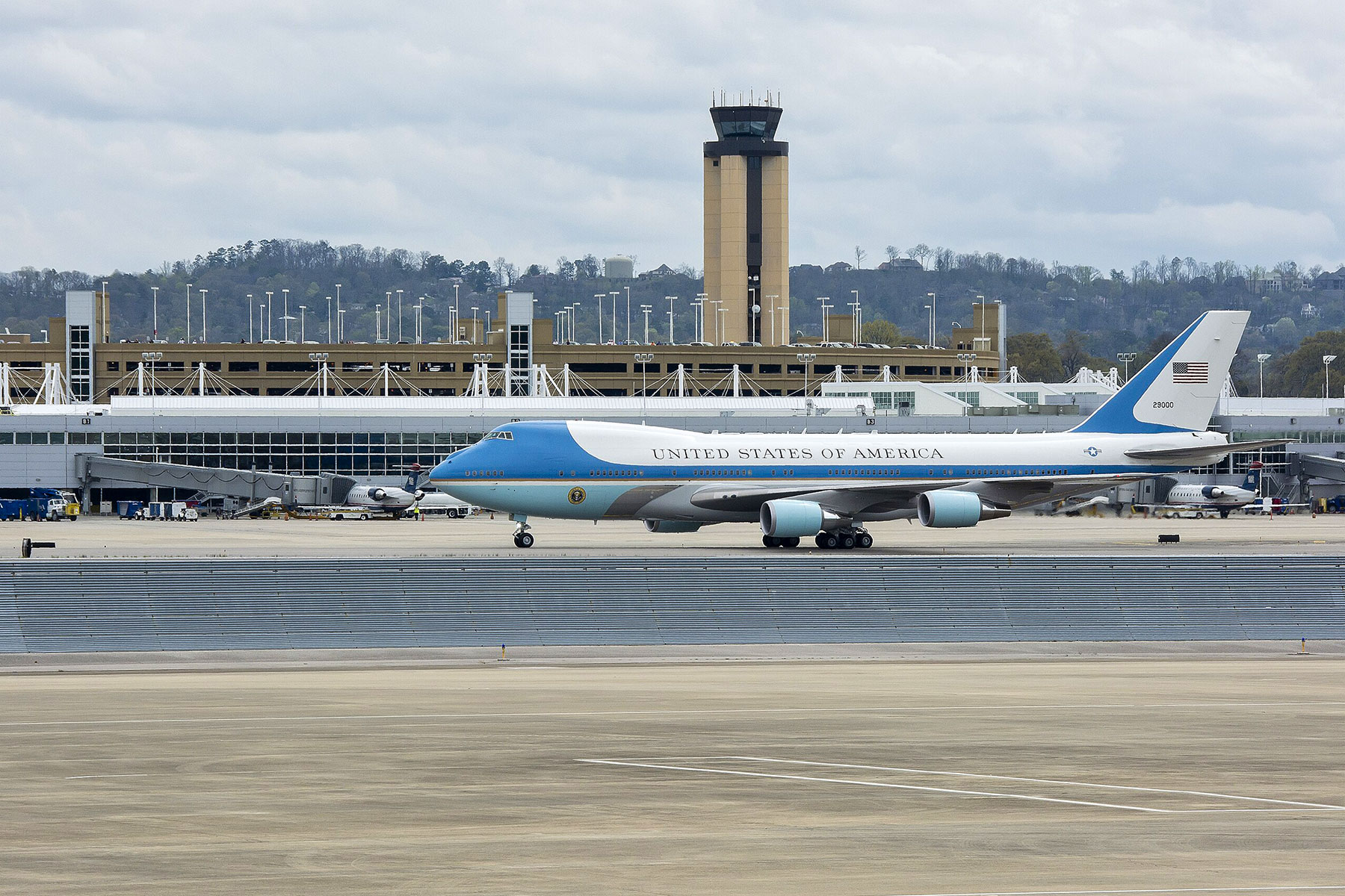 Air Force Number One with President Obama on board on the tarmac of Birmingham–Shuttlesworth International Airport.