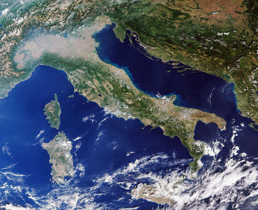 Copernicus Sentinel-3A satellite image of Italy, the southern part of the Balkan Peninsula and the islands of Corsica and Sardinia