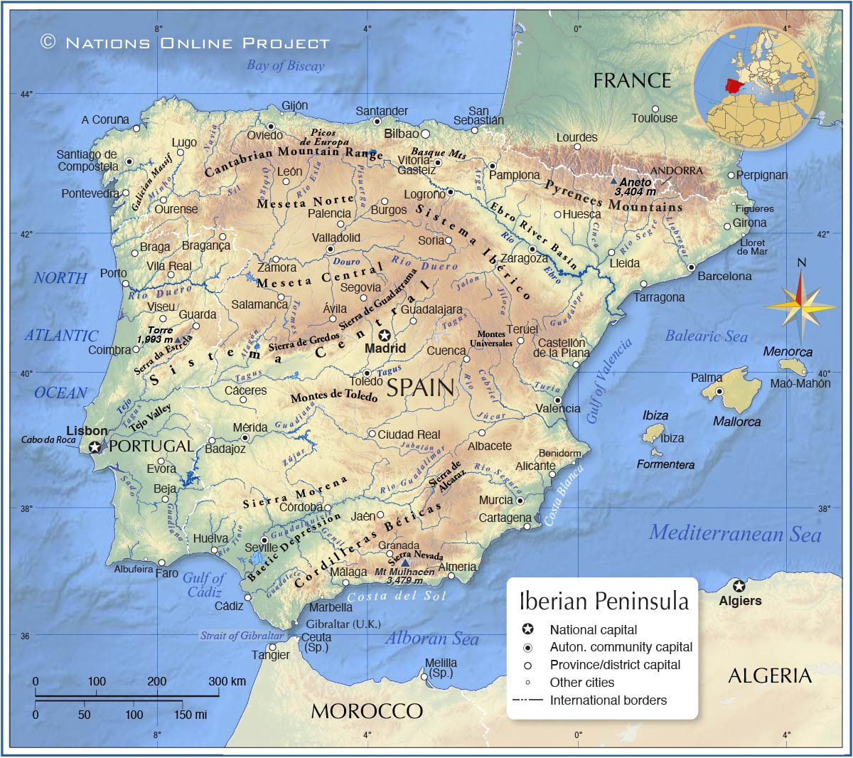 Topographic Map Of The Iberian Peninsula Nations Online Project   Iberian Peninsula Physical Map M 