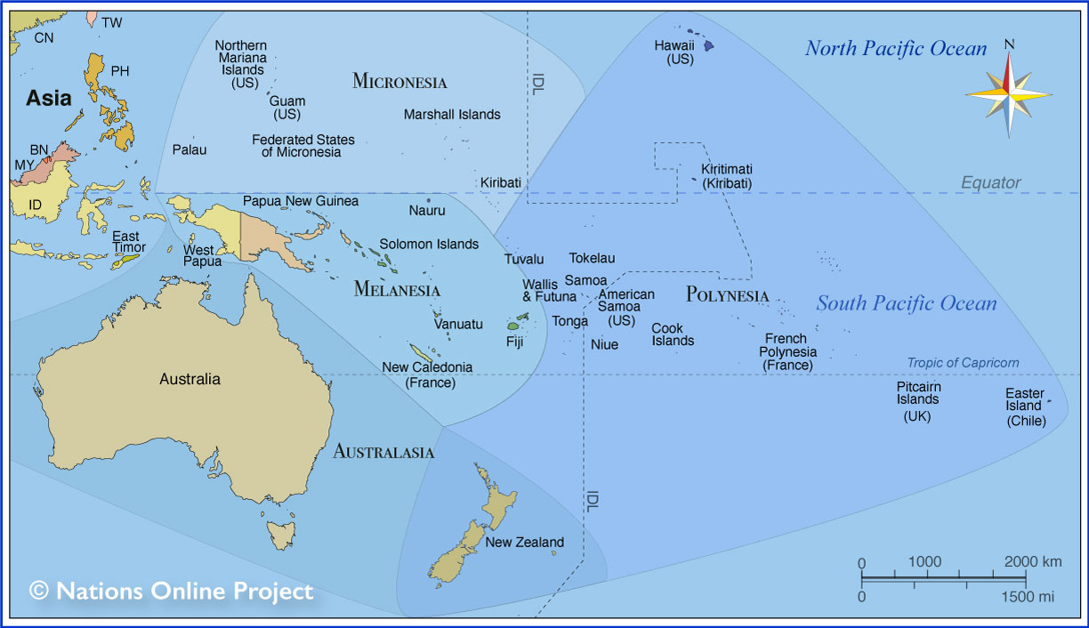 Map of regions in Oceania with countries and nations: Micronesia, Melanesia, Polynesia, and Australasia