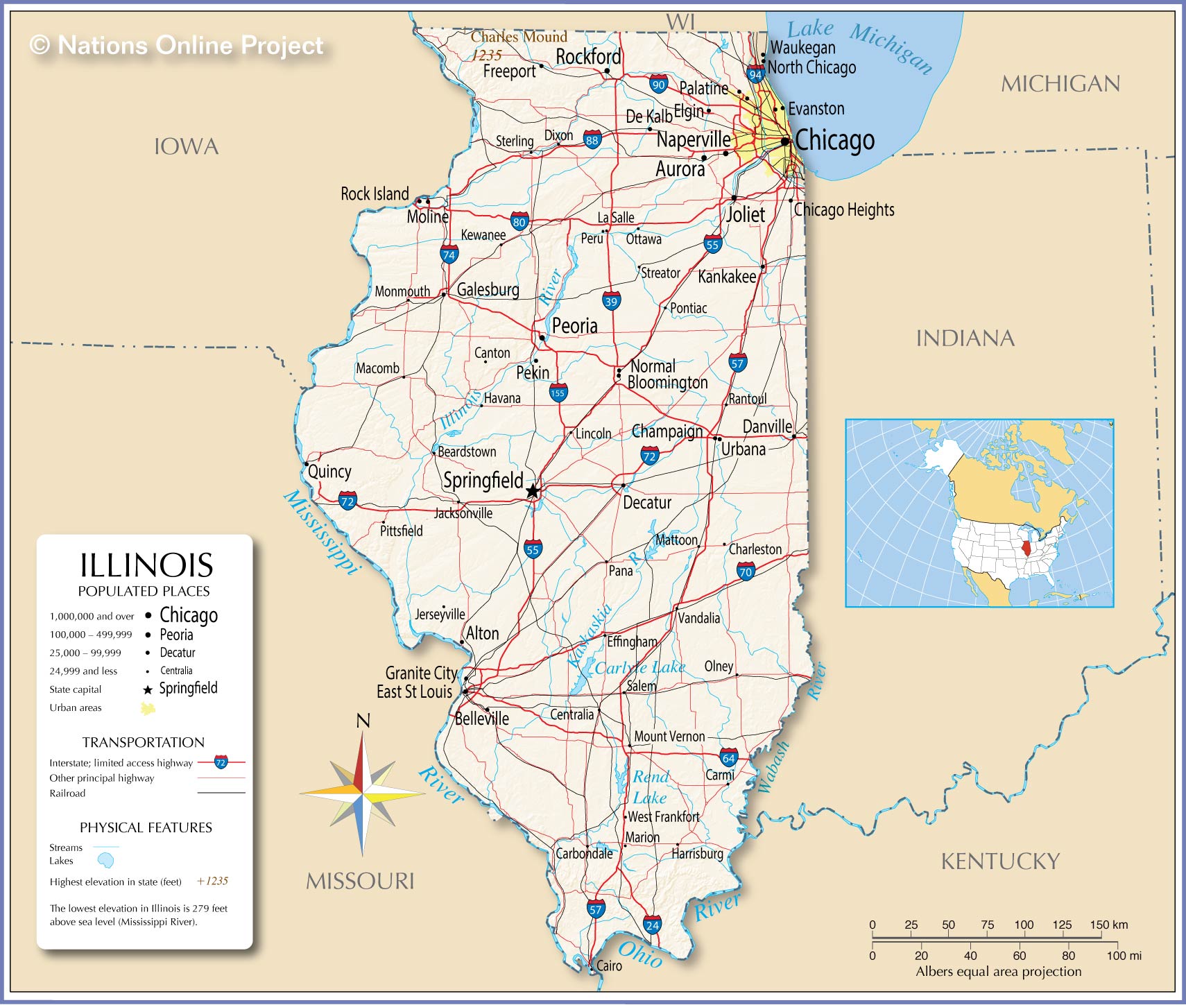 State Map Of Illinois With Cities Map of the State of Illinois, USA   Nations Online Project