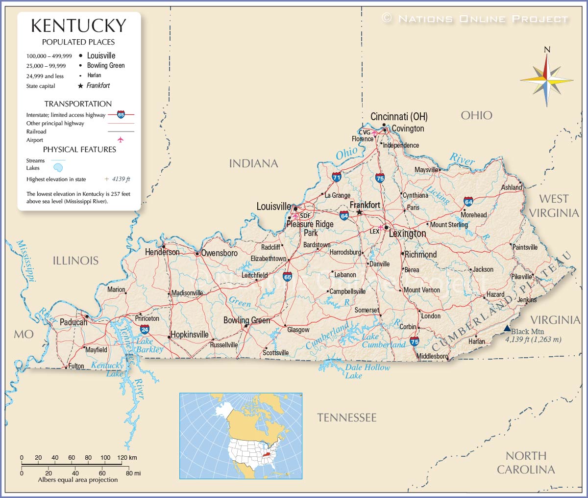 Map of the State of Kentucky, USA - Nations Online Project