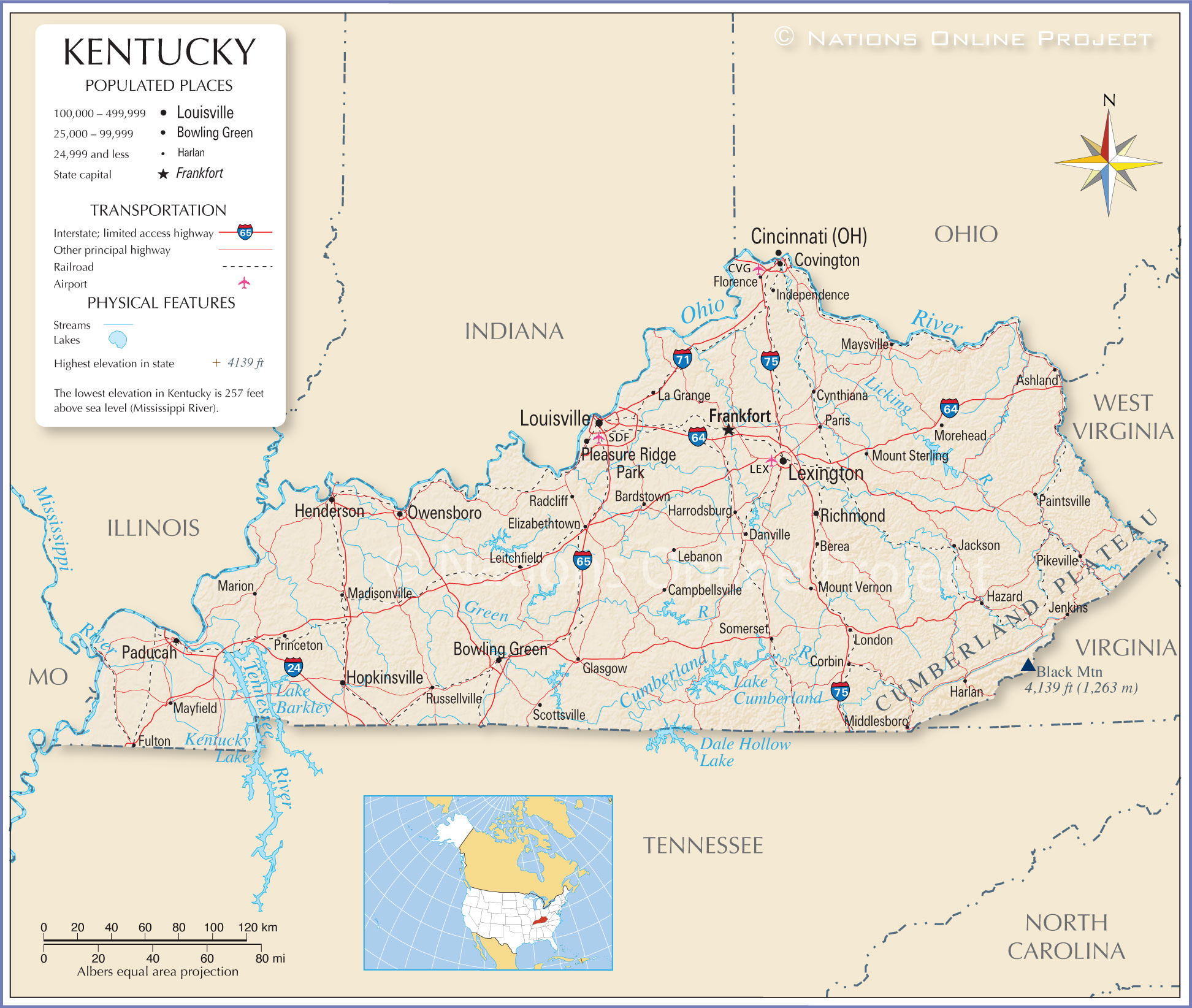 Indiana Kentucky Map With Cities Map Of The State Of Kentucky, Usa - Nations Online Project