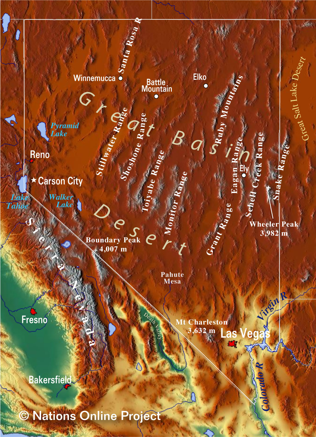 Labeled Sierra Nevada Mountains Map