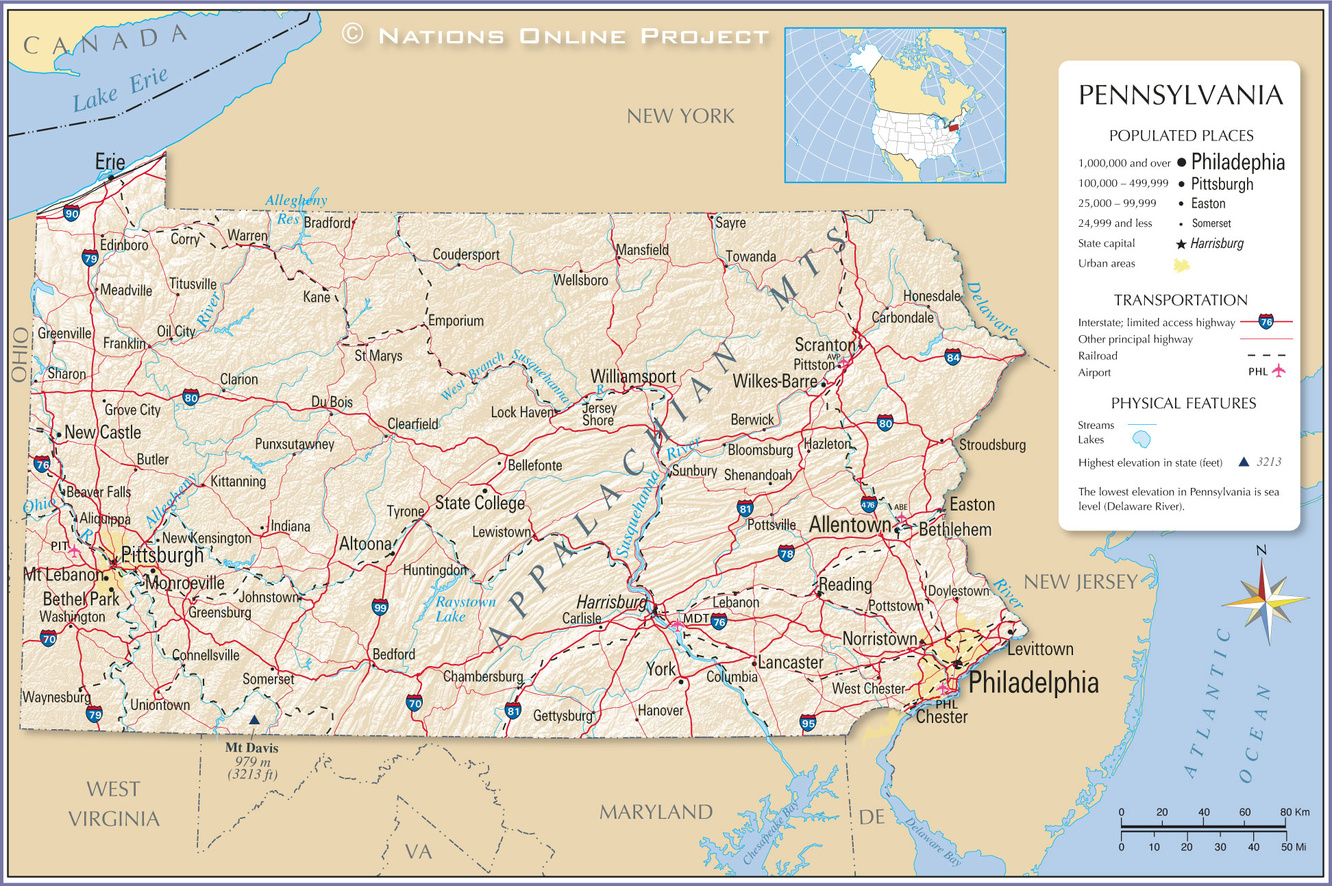 Pennsylvania State Map With Cities Map of the State of Pennsylvania, USA   Nations Online Project