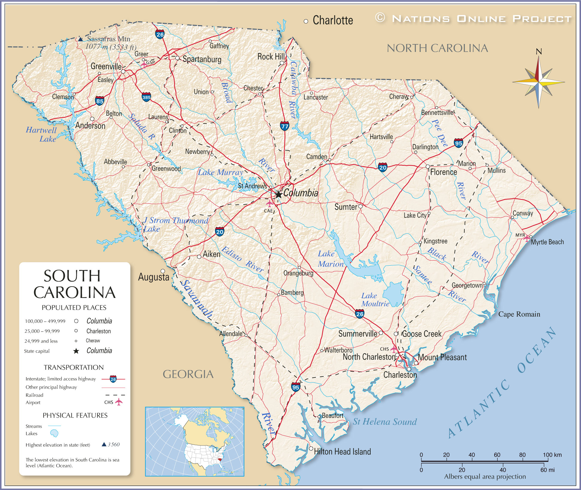 south carolina karta Map of the State of South Carolina, USA   Nations Online Project