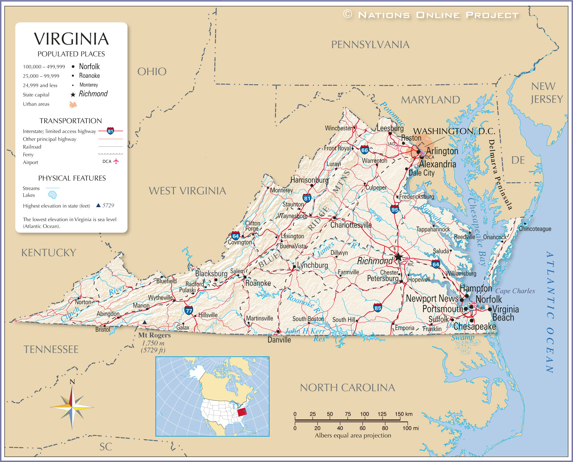 Map of the Commonwealth of Virginia, USA - Nations Online Project