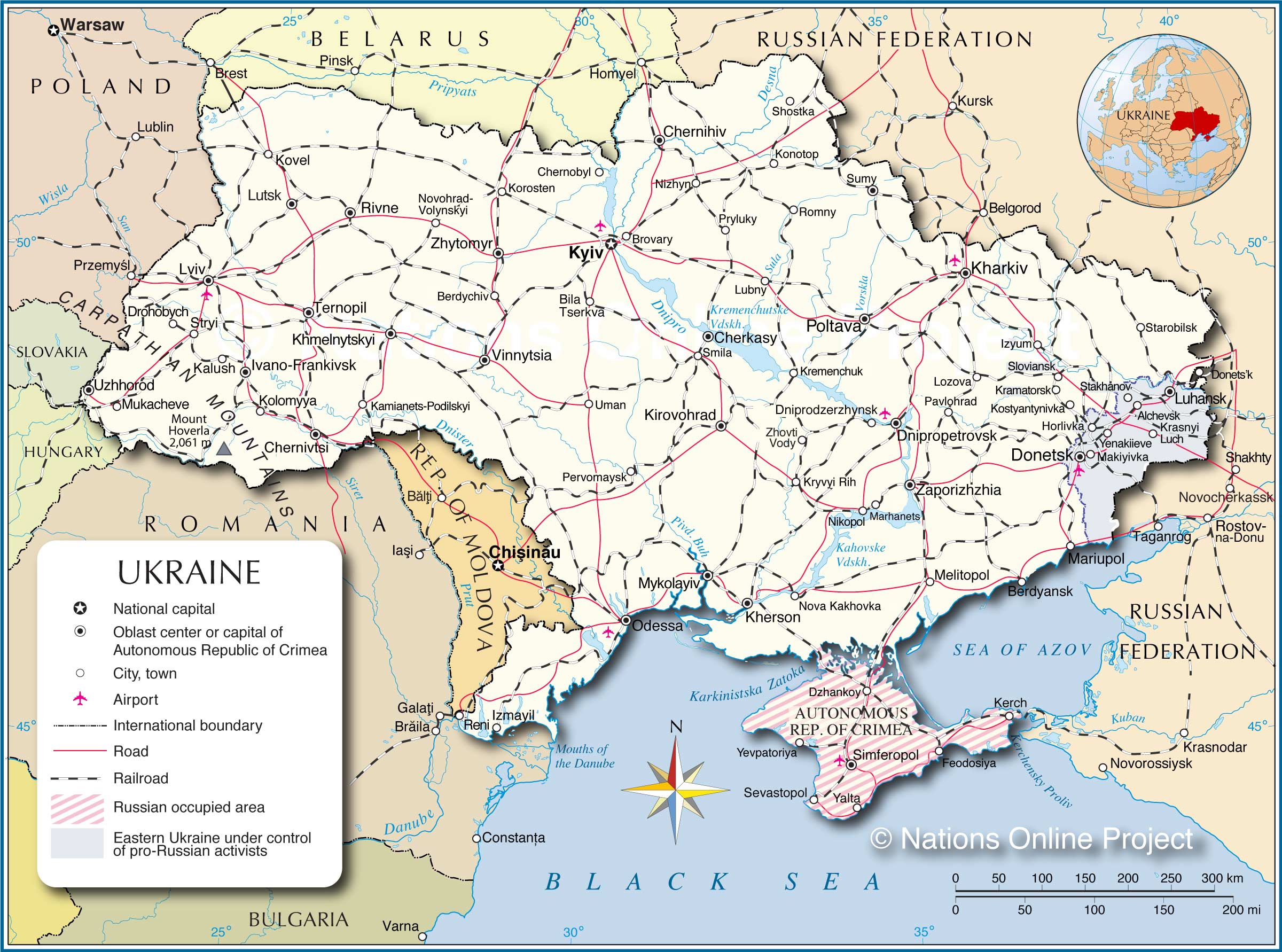 Political Map of Ukraine with Crimea and Eastern Ukraine under Russian control