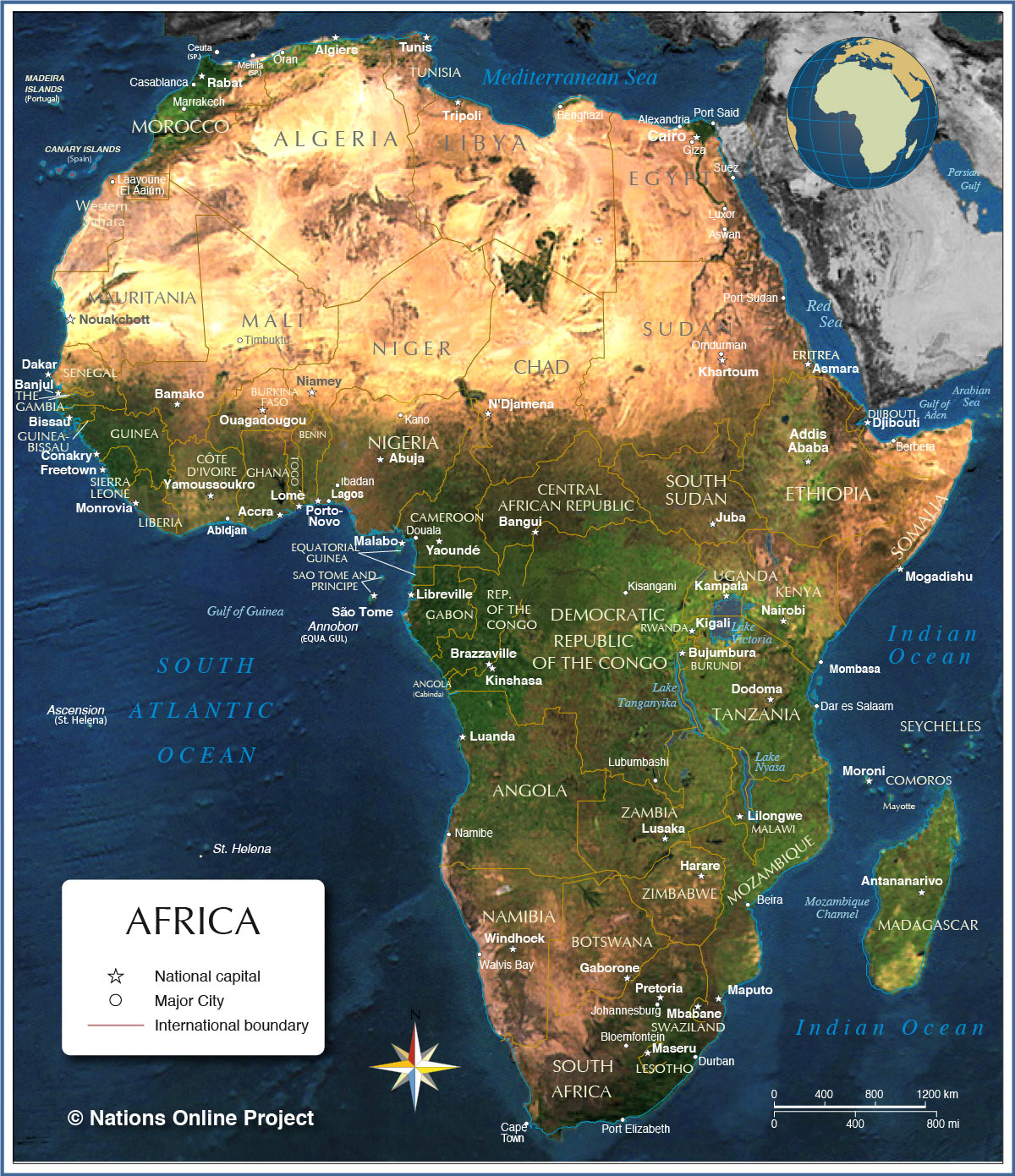 首都と主要都市のあるアフリカの政治地図