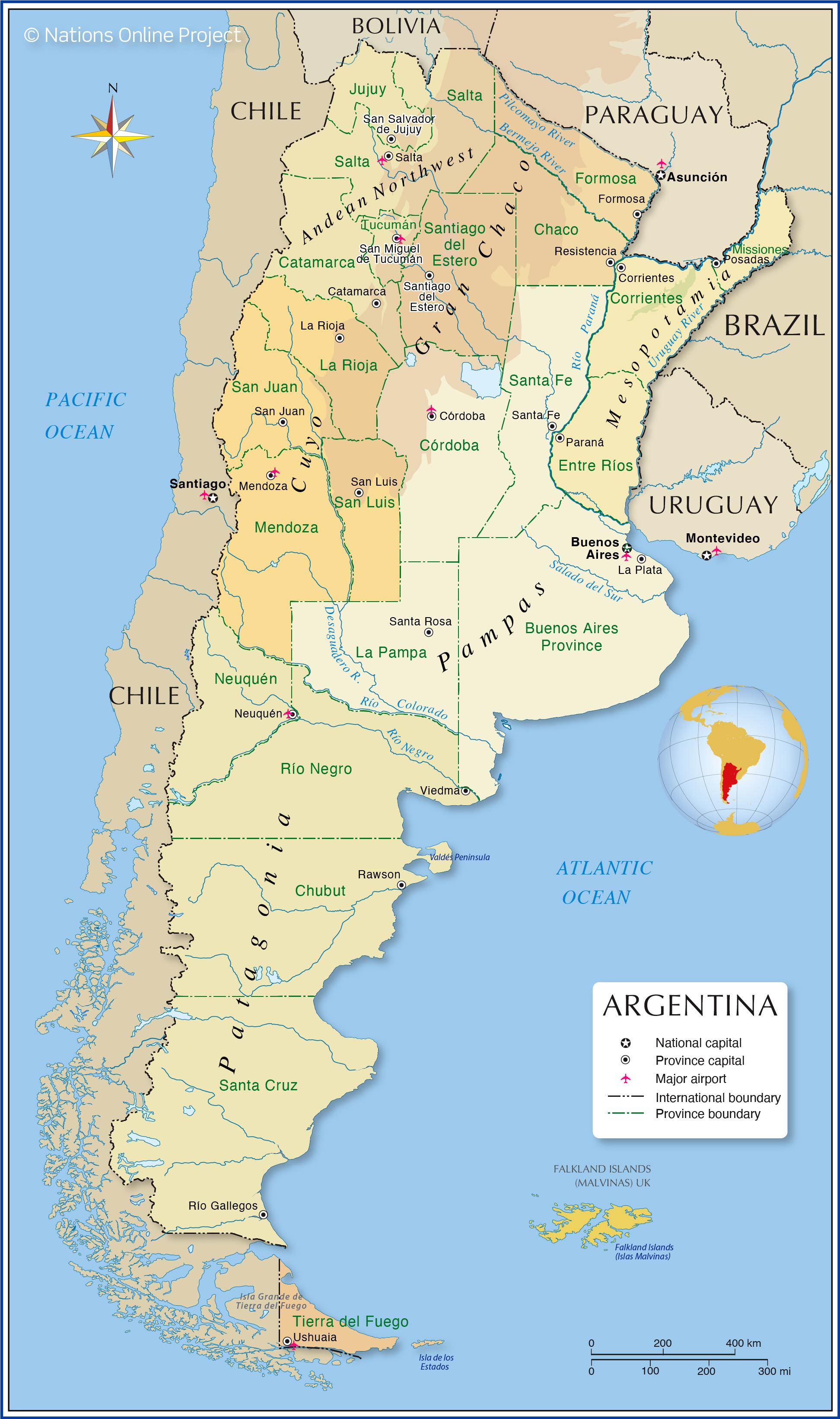 Map of Argentina showing the three main regions of the country, and the