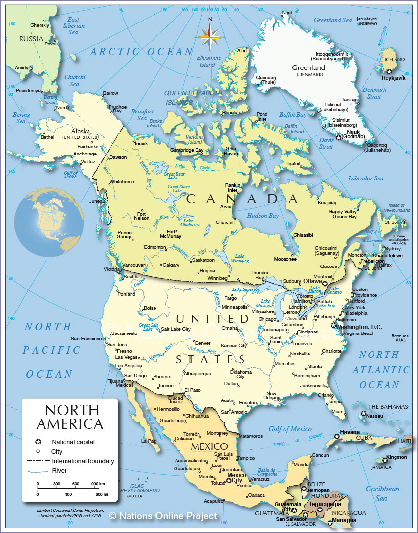 Us And Canada Political Map Political Map of North America   Nations Online Project