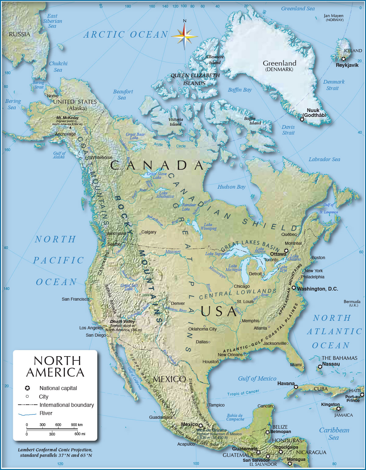 Physical Map Of North America Shaded Relief Map of North America (1200 px)   Nations Online Project