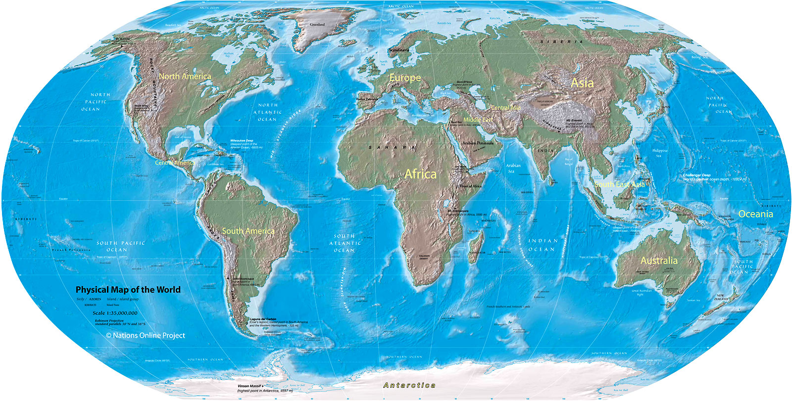 Physical Map Of The World World Map   Physical Map of the World   Nations Online Project